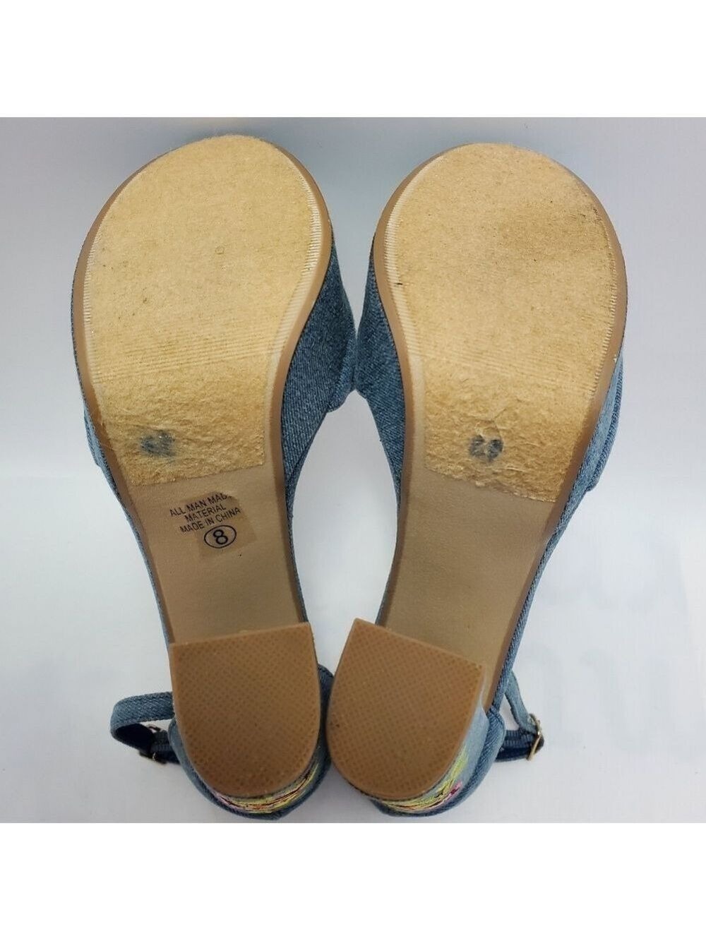 Heart in D Blue Denim Floral Embroidered Platform Heels Sandals Size 8 - Picture 11 of 12
